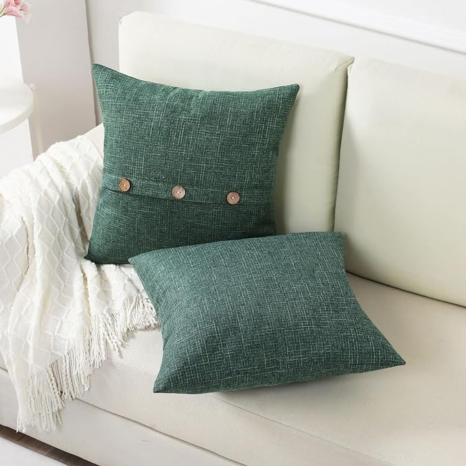 HAUSSY Emerald Green Linen Decorative Throw Pillow Covers 24x24 Inch Set of 2, Square Euro Cushion Case with 3 Vintage Buttons,Modern Farmhouse Home Decor for Couch,Bed