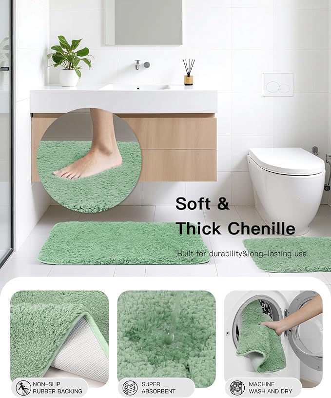 IMAVO Green Bathroom Accessories,Non Slip Super Absorbent Rugs and Waterproof Shower Curtain with Hooks,Complete Bathroom Set for Bathroom Décor