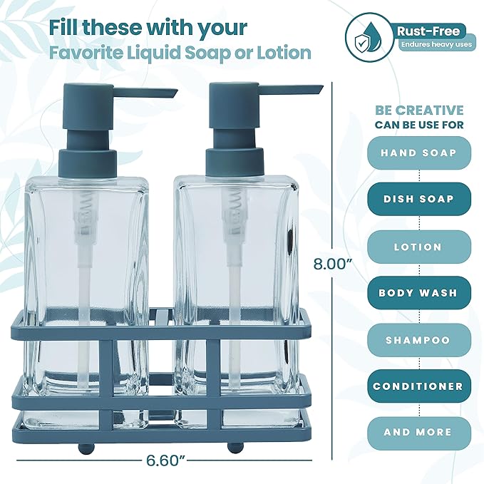 Square 3 Piece Glass Clear Lotion and Soap Pump Dispenser Set with Metal Stand Caddy for Bathroom Bath Kitchen Home Office Travel Hotel Hand Crafted Heavy Weight Spa Blue