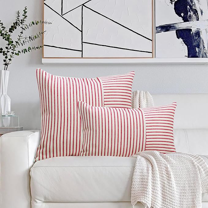 YCOLL Christmas Pillow Covers 12x20, Modern Accent Lumbar Throw Pillow Covers Set of 2, Red and Beige Striped Patchwork Linen Decorative Pillows Cushion Covers Christmas Decorations