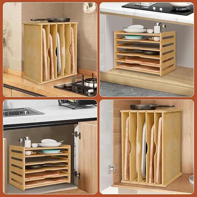 Wooden Cabinet Tray Dividers,Kitchen Vertical Tray Divider Organizer for Storing Baking Sheets, Pans, Lids, Cutting Boards, and Trays – 5-Compartment Adjustable Design for Clutter-Free Cabinet Storage