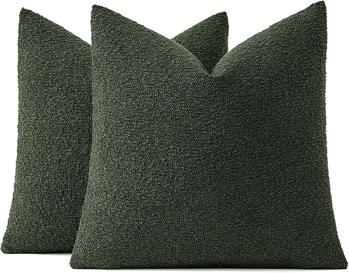MIULEE 24x24 Decorative Euro Sham Throw Pillows for Bed Set of 2 Textured Boucle Neutral Throw Pillow Coverss Dark Green Accent Solid Couch Pillowcase Cozy Soft Sofa Livingroom Home Decor