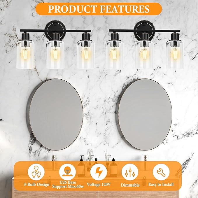 Oil Rubbed Bronze 3-Light Bathroom Vanity Light Fixture Over Mirror, 3-Light Oil Rubbed Bronze Vanity Lights for Bathroom Three Bulb Wall Sconce Over Sink