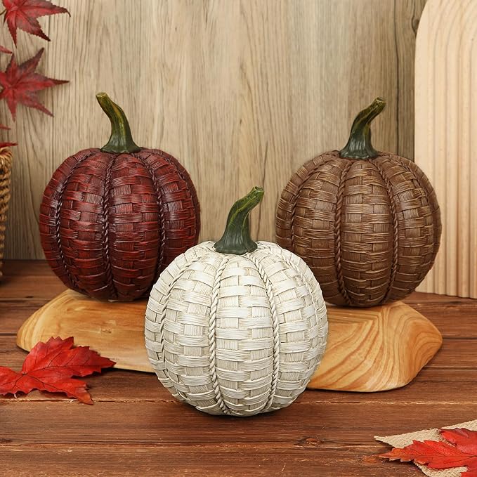 Oairse 6 Inch Large Artificial Pumpkins, 3 Pcs Fall Pumpkin Decor Beige Dark Red Brown Faux Resin Pumpkins Woven Pumpkin Centerpiece for Rustic Farmhouse Fall Thanksgiving Autumn Harvest Table Decor