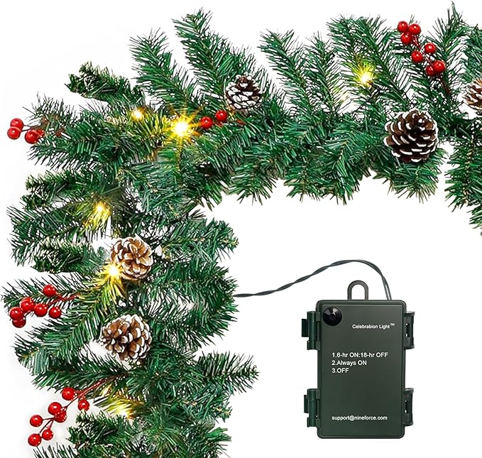 10Ft Christmas Garland with 50 LED Lights - 2 Pack Pre-lit Outdoor Xmas Garland with Timer - Pine Garland with Red Berries Snow Pine Cones - 10 Foot by 10 Inch