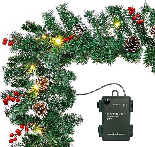 10Ft Christmas Garland with 50 LED Lights - 2 Pack Pre-lit Outdoor Xmas Garland with Timer - Pine Garland with Red Berries Snow Pine Cones - 10 Foot by 10 Inch