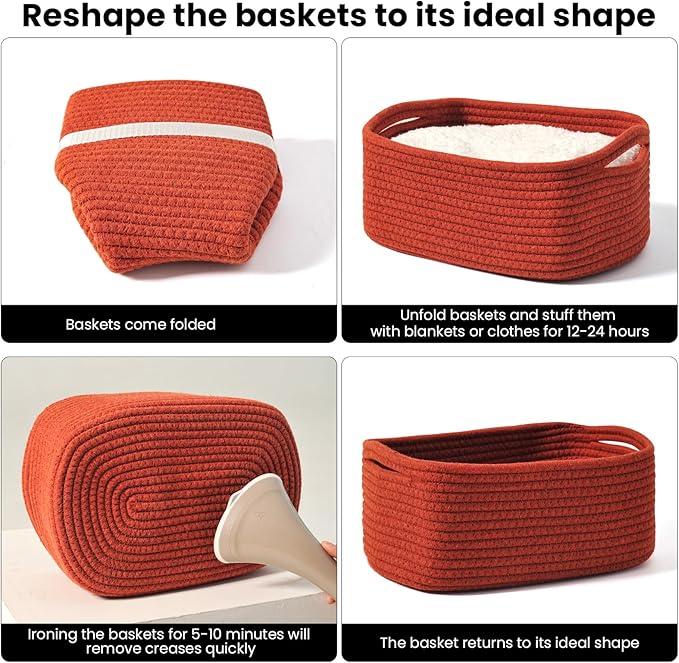 Small Red Woven Baskets for Organizing, Basket for Gifts Empty, Cotton Rope Baskets for Storage, Organizer Bins for Organization, 13"×8.5"×5.1" (3 Packs) Brick Red
