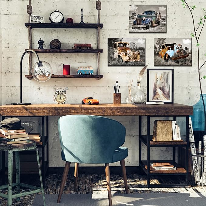 YUANAND Rusty Truck Canvas Wall Art - Vintage Blue Car Pictures Living Room Decor - Country Style Artwork Framed Posters Paintings