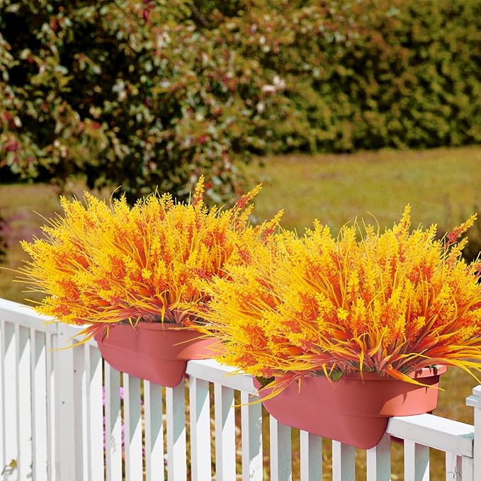 20 Bundles Artificial Plants Outdoor Fake Monkey Grass with Flowers (Fall Orange)