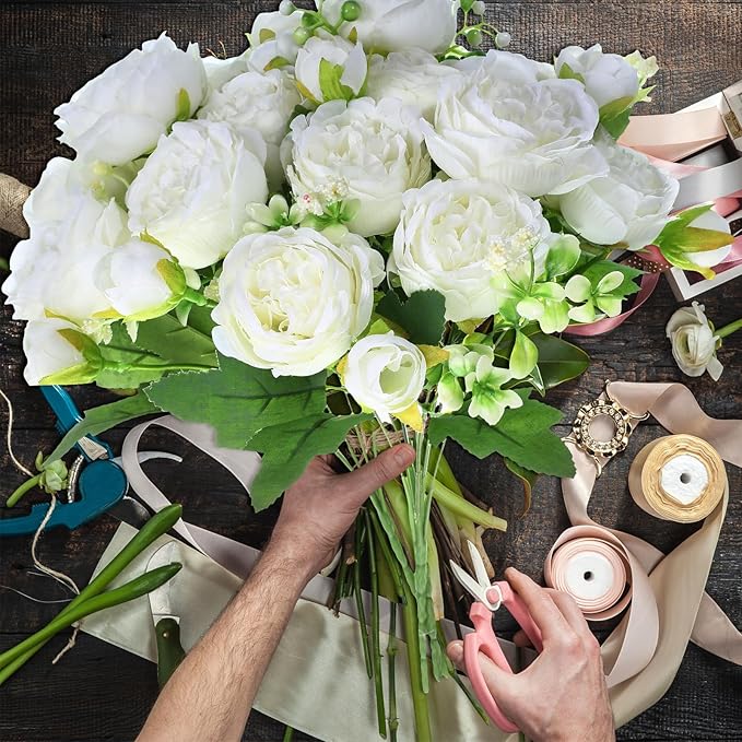 Geosar 8 Bundles Artificial Peonies Flowers Fake Silk Peony Bouquet Faux Peonies Flowers Bulk for Decoration Vase Florals Arrangements Wedding Party Table (White)