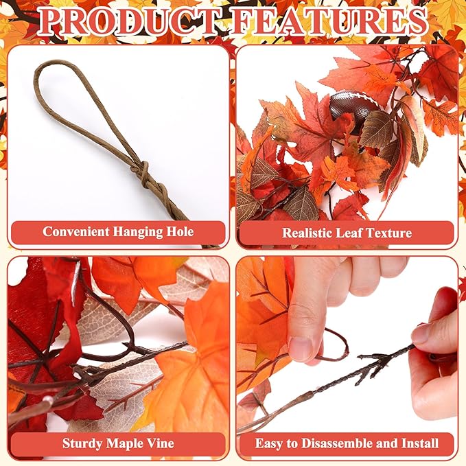 Zeyune 1 Pcs 6ft Long Fall Footballs Decor Artificial Garland Autumn Mixed Maple Leaves Garland Farmhouse Hanging Rustic Fall Wreath Decor for Front Door Kitchen Fireplace Home Indoor Outdoor