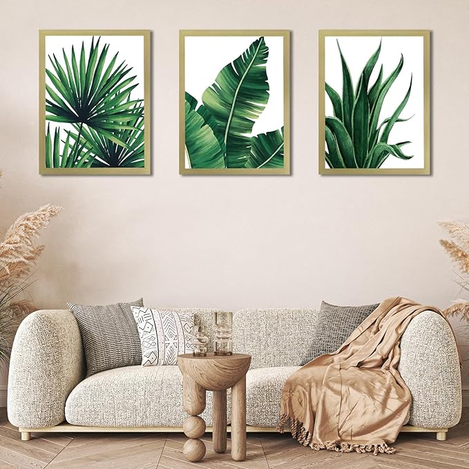 COSCTOR Set of 3 Botanical Wall Art Bathroom Green Plant Tropical leaf Picture Framed Prints for Home Living Room Bedroom Restroom Decoration(Framed,12x16)