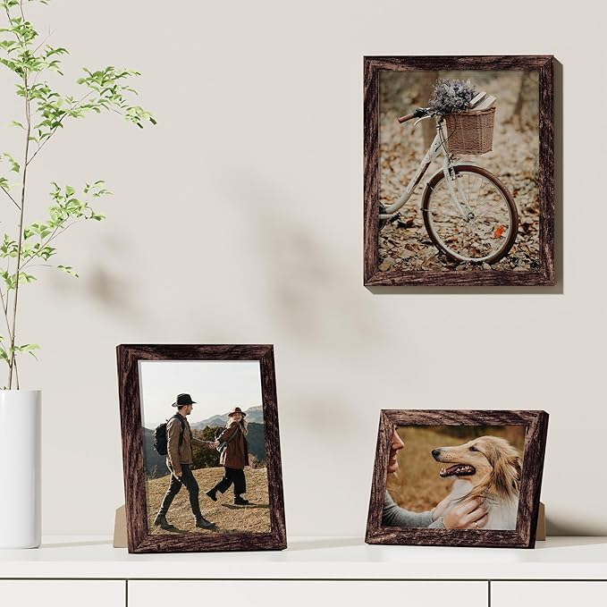 Vittanly 8x10 Picture Frames Set of 9, Shatter Resistant Plexiglass, Display 5x7 Pictures with Mat or 8x10 without Mat, Photo Frames for Wall or Tabletop, Engineered Wood, Brown