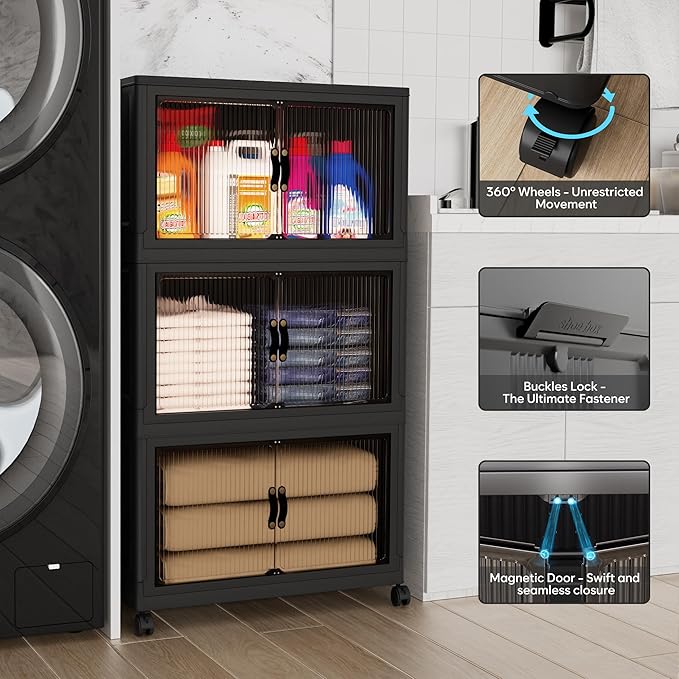 Jalove 50QT Plastic Storage Bins with lids, Stackable Collapsible Storage Containers with Wheels, Closet Organizer and Storage Drawers, Clothes Storage Cabinet for Home Office Garage, 3 Pack Black