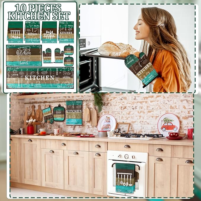 10 Pcs Farmhouse Kitchen Decor Sets, 4 Green Kitchen Dish Towels 2 Teal Pot Holders 2 Oven Mitts Glove Brown Rustic Non Slip Rugs and Mats for Floor Home Decorations Accessories Christmas Mom Gifts