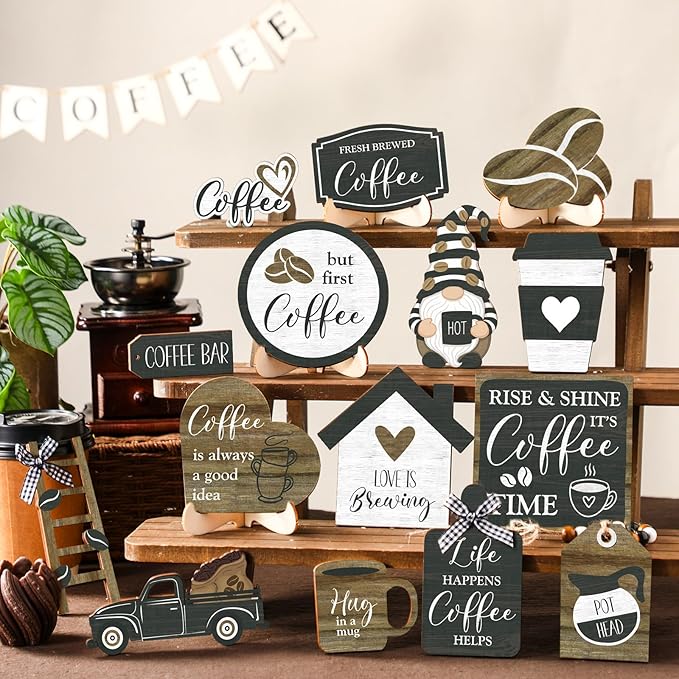 Yaomiao 21 Pcs Coffee Tiered Tray Decor Set Wooden Coffee Bar Decor Rustic Farmhouse Bar Decorations Wooden Table Sign Ornament for Table Kitchen Station Tray Shelf