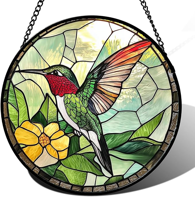 Stained Glass Window Hanging, Green Hummingbird Sun Catcher for Door Home Decor, Birds Suncatcher Christmas Mother's Day Birthday Gifts for Bird Lovers Women Men Mom and Nana 9.8 in