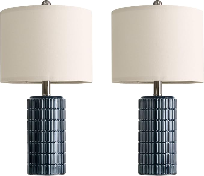 PoKat 20.75" Small Blue Table Lamps, Farmhouse Bedside Lamps for Bedroom Set of 2, Ceramic End Table Lamps for Night Stands Living Room, Modern Nightstand Desk Lamps, Dark Blue