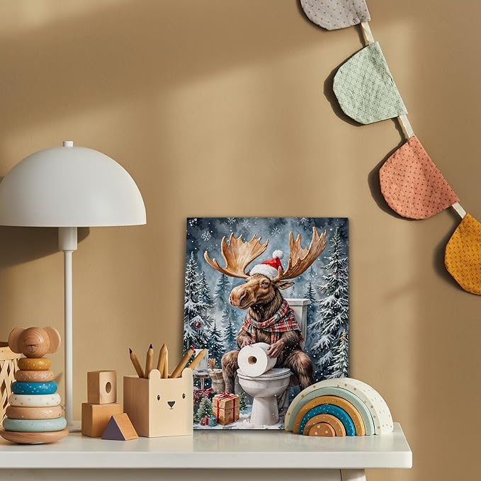 FITIE Funny Christmas Moose Bathroom Canvas Wall Art Poster, Vintage Holiday Winter Christmas Framed Artwork Prints Wall Decor for Bathroom Washroom Restroom Toilet, 11x14 Inch