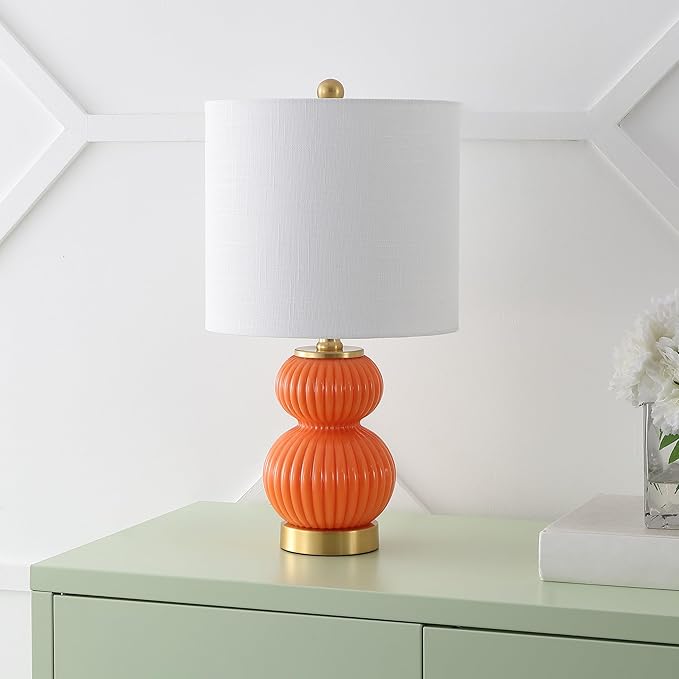 JONATHAN Y JYL1099E Daphne 20" Contemporary Transitional Metal/Glass Ribbed Gourd LED Table Lamp Bedroom, Living Room, Office, Dining Room, Orange/Brass Gold