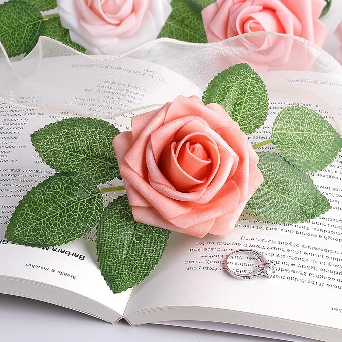 AmyHomie 25pcs Real Looking Artificial Shades of Blush Roses w/Stem for DIY Wedding Bouquets Centerpieces Arrangements Party Baby Shower Home Decorations