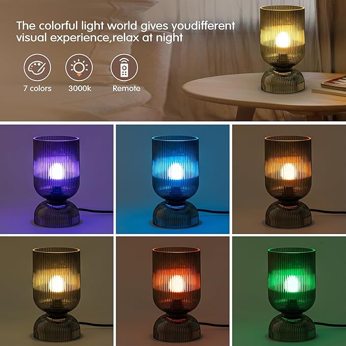 Modern RGB Glass Table Lamp with Remote,Color Changing Bedside Lamp with Ribbed Glass Shade, 16 Colors, On/Off Cord Switch, Nightstand Lamp for Bedroom, Living Room, Office, Bulb Included