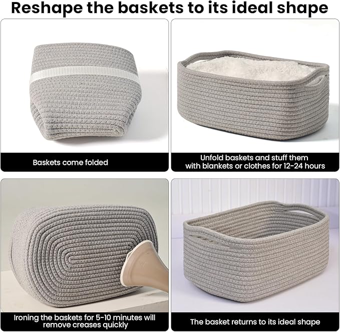 Small Grey Baskets for Organizing, Gray Storage Basket for Shelves, Woven Baskets for Storage, Small Organizer Basket for Décor Gifts, 13"×8.5"×5.1" (3 Packs) Grey