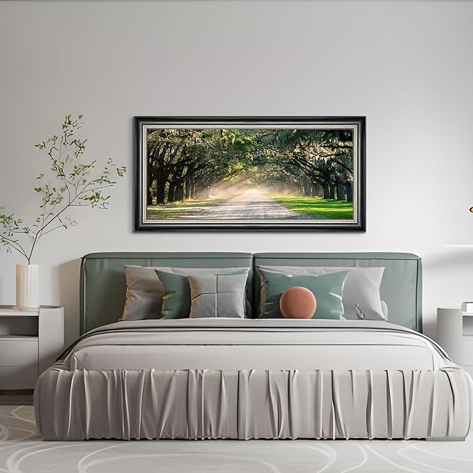 Framed Green Forest Wall Art: Nature Oak Tree Canvas Prints Modern Sunshine Path Landscape Painting for Living Room