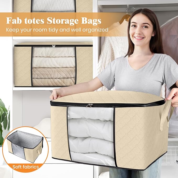 Fab totes 10 Pack Clothes Storage, Foldable Thick Fabric Blanket Storage Bags, Containers for Organizing Bedroom, Closet, Clothing, Comforter,Organization with Handle,Beige