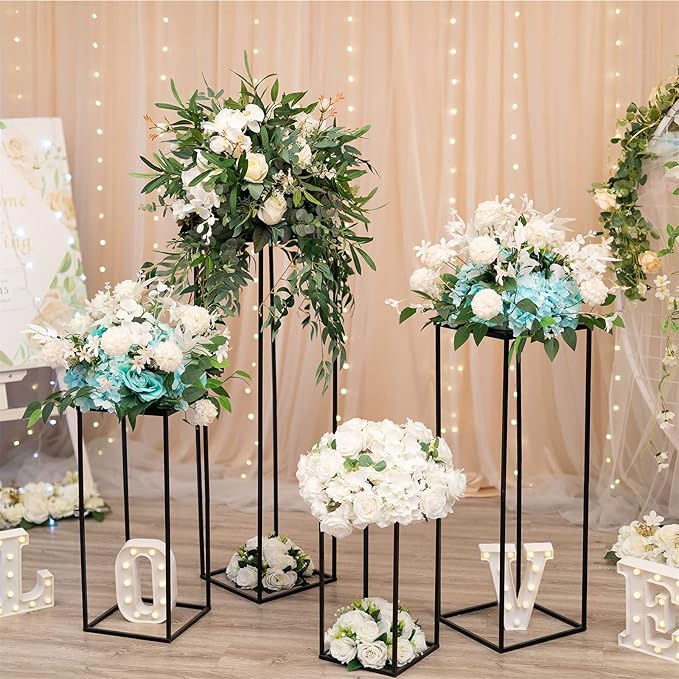 Sziqiqi Wedding Centerpieces Vase for Tables with Plates - 2 Pcs Metal Column Geometric Flower Stand 23.6in Black Flower Display Rack Decorations for T-Stage Reception Party Fiesta Event Home