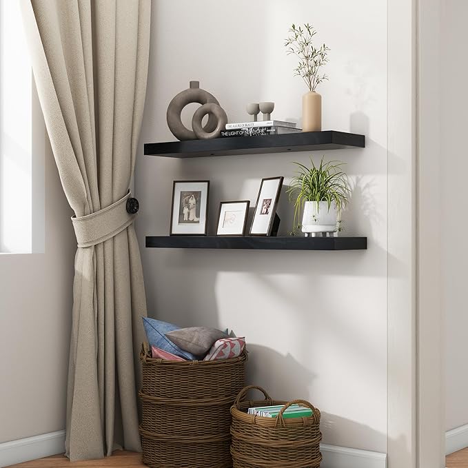 fuqing 30 Inch Floating Shelves for Wall, Black Wood Floating Shelves for Wall Set of 2, 30'' Long Wooden Wall Shelves for Living Room Bedroom Bathroom Home Office - Black