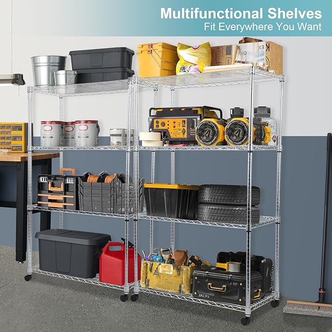 Whitmor 4 Tier Storage Shelves, Heavy Duty with Wheels, 400 lbs Capacity per Shelf, Max 1600 lbs Total, Adjustable Shelving Unit for Garage, Kitchen, Bathroom, 36" L x 18" W x 59" H, Chrome
