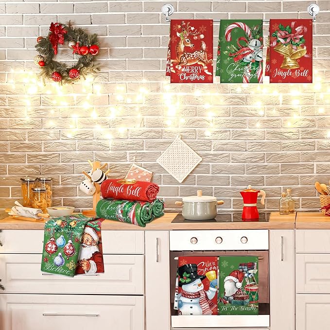 12 Pcs Christmas Kitchen Towels and Dishcloths Absorbent Christmas Tree Reindeer Truck Hand Dish Towels Decoration for Xmas Home Gift Supplies, 14.2 x 21.3 Inch (Exquisite Style)