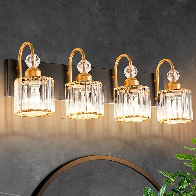 Bathroom Vanity Light Fixtures Over Mirror - Makeup Lighting Black Gold - for Modern Wall, Bath, Desk, Farmhouse, Hallway - 4 Crystal Lights