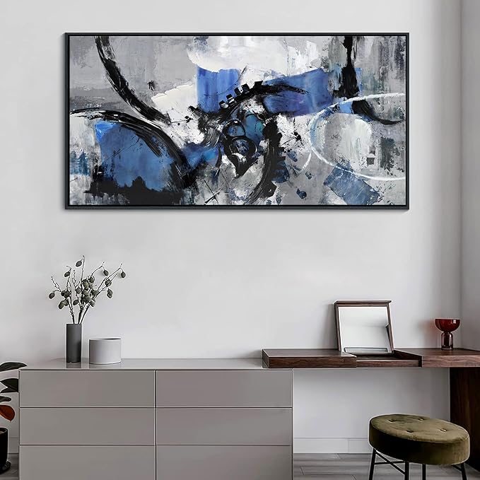 AJAZIKO Blue Abstract Canvas Wall Art: Wall Art for Living Room, Bedroom & Gray Office Decorations for Work, Framed Artwork - Modern Decor with Blue & Black Paintings Pictures Wall Decor 20×40IN