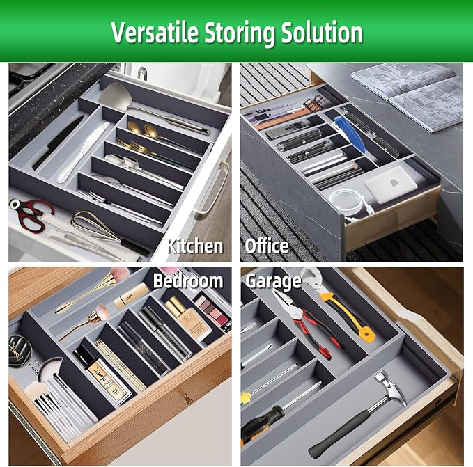 Silverware Organizer Kitchen Drawer Organizer Utensil Organizer Bamboo Silverware Holder Cutlery Organizer in Drawer Flatware Organizer Tray(9 slots, Gray)