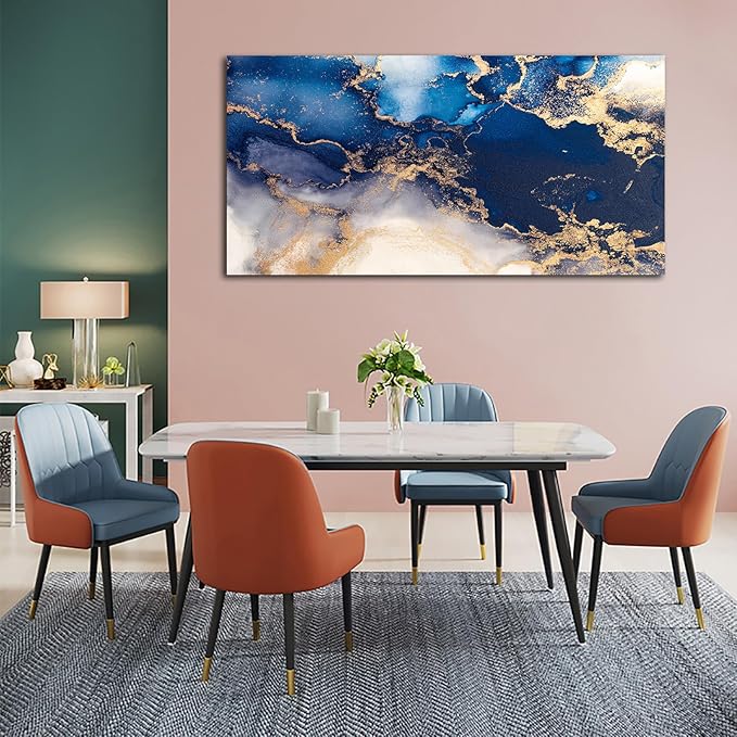 NINEASO Blue and Gold Abstract Wall Art - Deep Blue Ocean Pictures for Home Decor Modern Elegance Canvas Print Wall Decor Vast Ocean from Above Abstract Artwork for Living Room Bedroom 29" x 58"