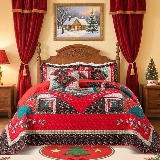 VAPUTAR King Quilt Bedding Set, Cotton Christmas Quilt Bedding Set Lightweight Coverlet with 2 Shams(98"X106"), King Quilts Set for All Season, Farmhouse Style Bedspread