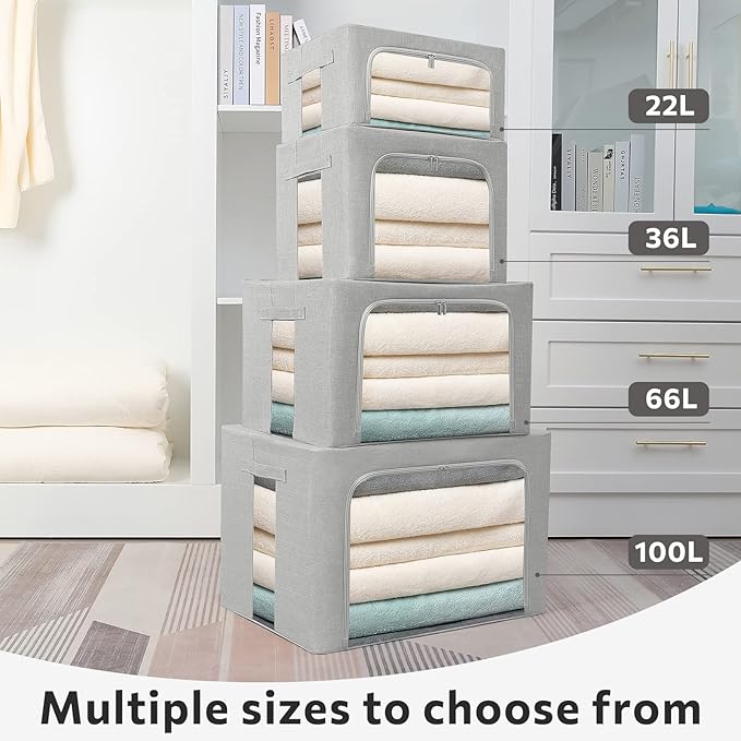 2 Pack Clothes Storage Bins Stackable Metal Frame Storage Box Large Capacity Foldable Linen Fabric Box Organizer with Carrying Handles and Clear Window(Light Gray, 23.6X 16.5X 15.7 Inch)