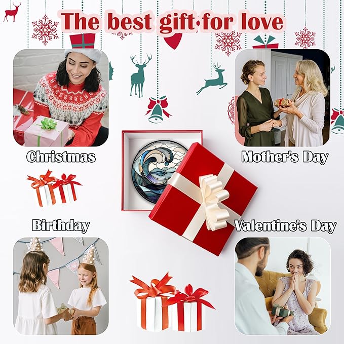 Stained Glass Window Hanging, Ocean Waves Sun Catchers Diamond Glass Panel Hangings Abstract Suncatcher Decor for Birthday for Women, Men, Wife, Aunt, and Mom 6.3 in