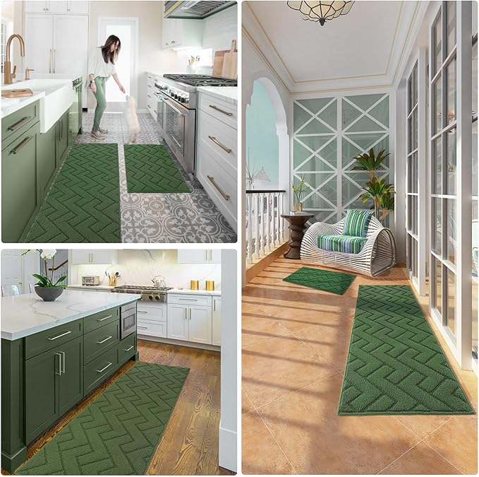 hicorfe Kitchen Rugs and Mats Sets,2 Pieces Super Absorbent Polypropylene Non-Slip Rug,Soft Comfort Floor Mat,Washable for Kitchen,Hallway,Office,Sink,Laundry(20" x 31.5" Plus 20" x 48",Green)