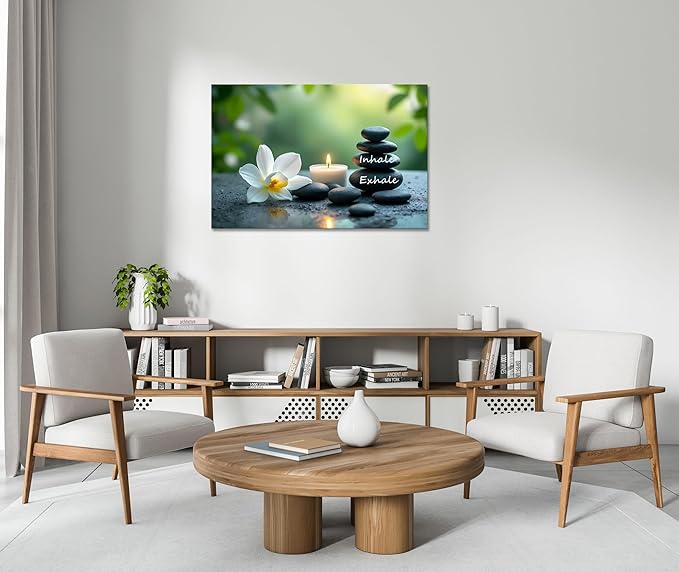 YIOZHAOFH Louts Wall Art Yoga Room Painting Zen Office Decor Women Spa Picture Calming Relax Canvas Prints Inhale Exhale Artwork Framed for Living Room Ready to Hang (24L x 36W)