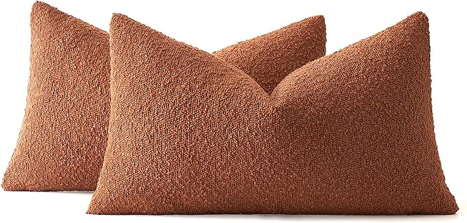 MIULEE Fall 12x20 Inch Decorative Lumbar Throw Pillows for Bed Set of 2 Textured Boucle Neutral Throw Pillow Covers Rust Accent Solid Pillowcase Cozy Soft Sofa Livingroom Home Decor