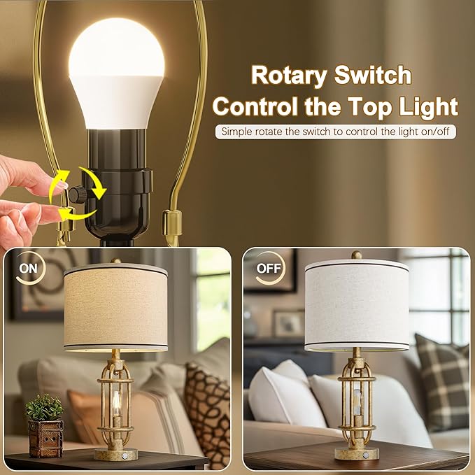 23.75'' Table Lamps Set of 2 for Living Room Bedroom Industrial Farmhouse Metal Touch Lamps with USB A+C Ports, Night Light Vintage Nightstand Bedside Lamp, Bulbs Included, Champagne Gold