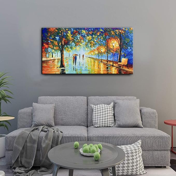 Tyed Art- Contemporary Landscape Art oil painting canvas rainy night street scene hand-painted acrylic frame wall art modern canvas painting living room bedroom office decoration Painting 24x48inch