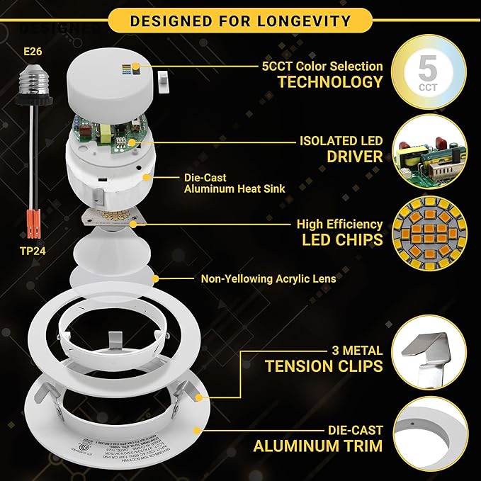 NUWATT Retrofit 4 Inch Gimbal LED Recessed Light White Trim, High Lumen, 750lm, 10W, 5CCT Selectable 2700K/3000K/3500K/4000K/5000K, Adjustable Lens Dimmable Eyeball Lights, ETL Listed, 6 Pack