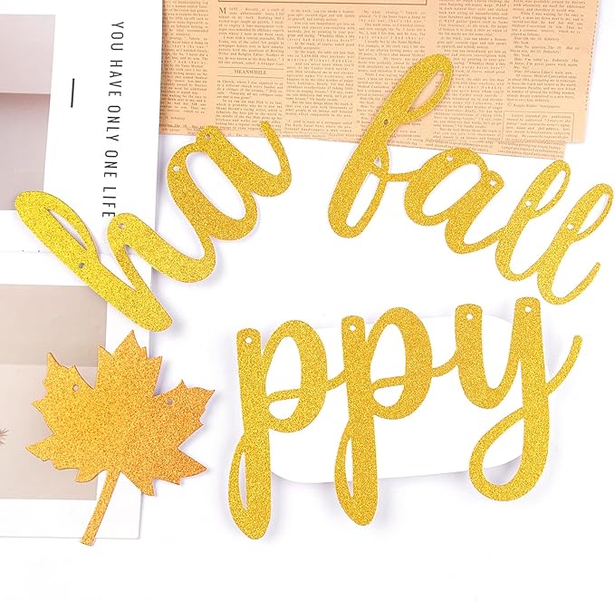 Totelux Happy Fall Banner Decoration Glitter Maple Leaf Sign Gold Orange Autumn Hanging Banner for Wall Home Office Decor Thanksgiving Party Supplies