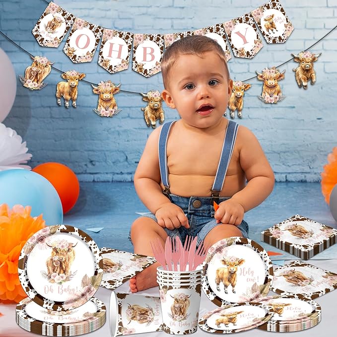 142Pcs Highland Cow Birthday Plates and Napkins,Highland Cow Baby Shower Decorations Western Theme Table Decorations for Baby Shower Party(20 Guests)