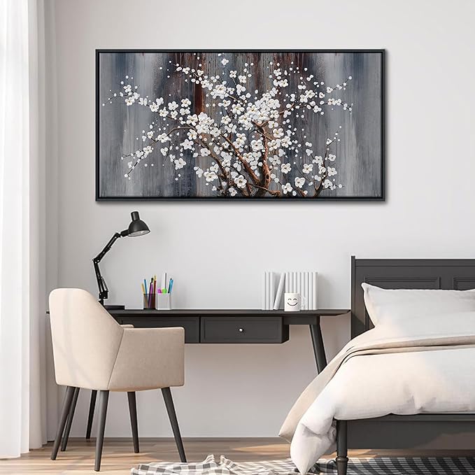 Wall Art for Living Room Large Modern Wall Decor Canvas Paintings for Wall Decorations White Flower Brown Bedroom Office Artwork Plum Blossom Art Prints Framed 20×40IN