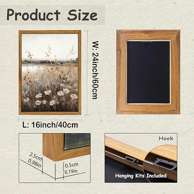 KBKBART Vintage Wall Art Framed, Retro Countryside Autumn Wildflower Field Landscape Canvas Painting Farmhouse Decor Wall Art, Rustic Fall Landscape Bathroom Wall Decor for Bedroom Living Room,